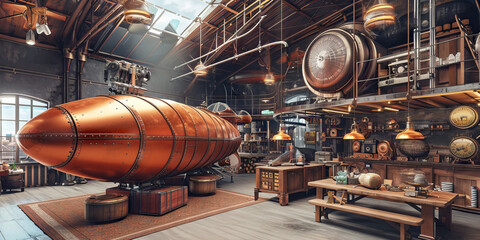 Steampunk Airship Hangar: An Airship-themed Interior with Steampunk-style Airships and Industrial Hangar Setting, Signifying Innovation in Transportation - obrazy, fototapety, plakaty