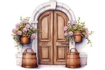 Fototapeta na wymiar Watercolor wooden door with flowers in pots. Hand drawn illustration.