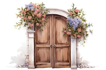 Fototapeta na wymiar Wooden door decorated with flowers, watercolor illustration on white background