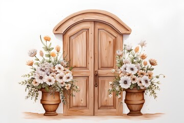 Wooden door with flowers. Vector illustration. Isolated on white background.