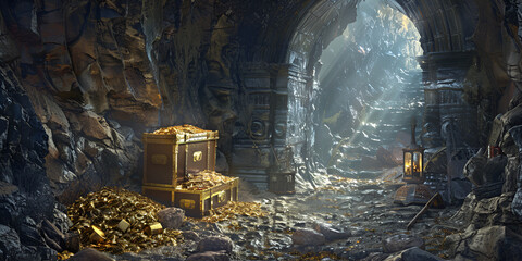 Pirate's Treasure Chest Full of Gold Coins - obrazy, fototapety, plakaty