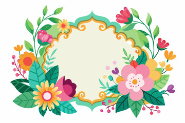 Charming cartoon frame adorned with colorful flowers on a white background.