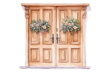 Wooden door with flowers. Watercolor illustration on white background.