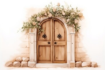 Wooden door decorated with flowers and ivy. Watercolor illustration