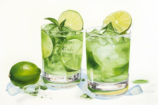 Cocktail with lime, mint and ice cubes on white background