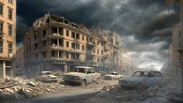illustration of destroyed cities and vehicles.