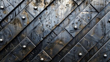 Dark Metallic Textured Surface with Rivets - A close-up photo capturing the abstract pattern of worn metallic diamond plates with visible rivets