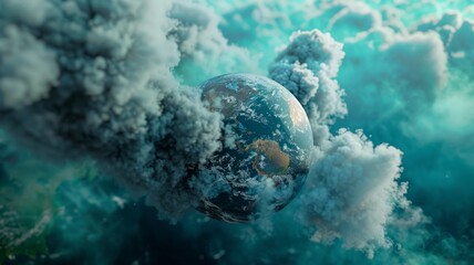 Earth encased in ethereal cloud formations - A conceptual image depicting Earth surrounded by thick, swirling clouds, suggesting climate change impacts