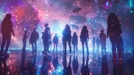 A diverse group of explorers stands on a floating platform facing away from the camera. They are in the midst of an intergalactic . .