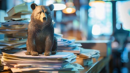 Bear figurine on a pile of paperwork - A detailed bear figurine stands atop a mountain of office documents, symbolizing paperwork burden or financial pressure - obrazy, fototapety, plakaty