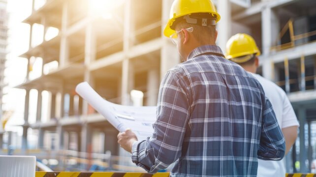 Engineer reviewing construction plans - A construction engineer in safety gear inspects plans at a building site with a clear focus on safety
