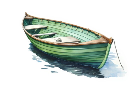 Watercolor image of a green wooden boat on the water surface.