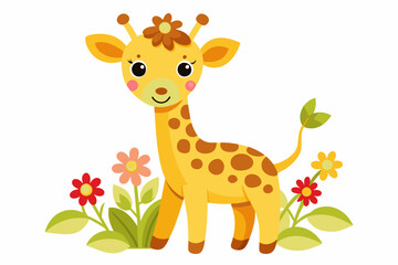 A charming cartoon giraffe adorned with vibrant flowers.