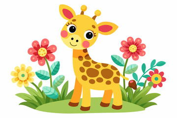 Charming cartoon giraffe adorned with vibrant flowers.