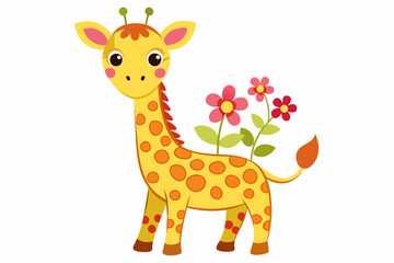 Obraz premium Adorable cartoon giraffe adorned with vibrant flowers, exuding charm and whimsicality.