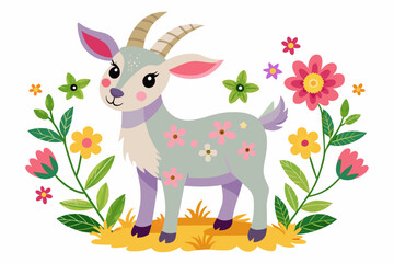 Obraz na płótnie Canvas Charming cartoon goat adorned with vibrant flowers stands on a white background.
