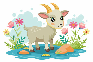 A charming cartoon goat with flowers adorns a white background.