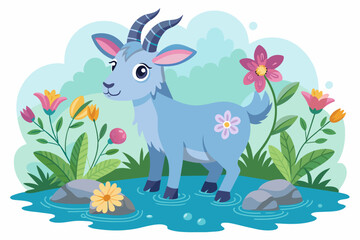 Obraz na płótnie Canvas A charming cartoon goat with flowers adorns a white background.