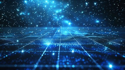 Obraz premium Starry digital network over dark blue background - A mesmerizing digital network with star-like blue particles over a dark background, giving an impression of a night sky