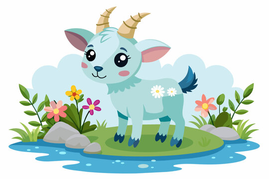 Charming cartoon goat adorned with vibrant flowers stands on a white background.