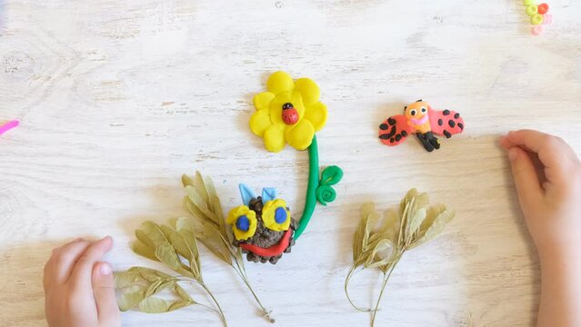 Autumn crafts with natural dry flowers, grass, leaves. Creating butterfly, sun from plasticine, clay. Making fairy landscape, inspiration, imagination, Teaching a child spatial imagination