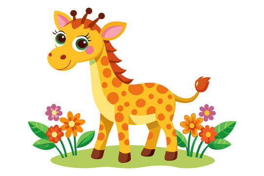 Charming cartoon giraffe with bright flowers adorns a beautiful background.