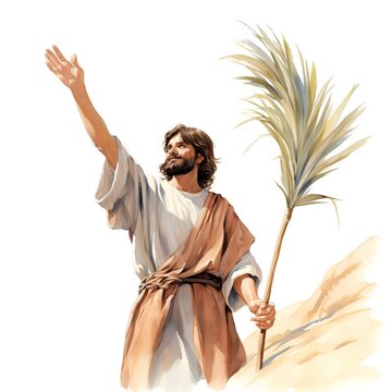 Jesus Christ with palm tree. Hand drawn watercolor illustration isolated on white background