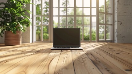Fototapeta premium Laptop on a wooden desk inside a sunny room - A solitary laptop sits on a rustic wooden desk, bathed in sunlight pouring through a large window, inviting productivity
