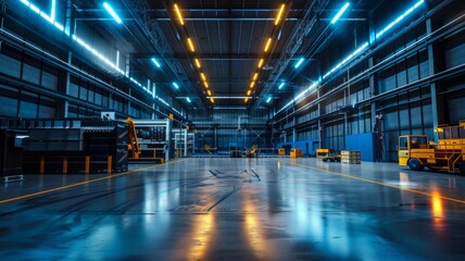 Obraz premium Industrial warehouse with vibrant lighting effects - A spacious, empty warehouse is dramatically lit, suggesting a clean, modern industrial environment ready for productivity