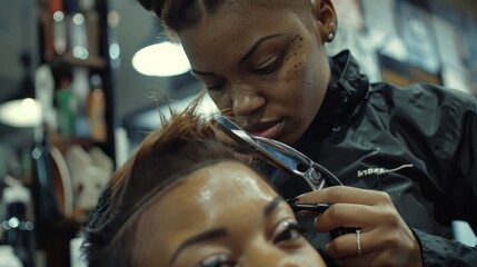A young barber leans over her clients head plucking at a strand of hair with a pair of futuristic pliers. The clients hair is styled into a daring and asymmetrical a true reflection .