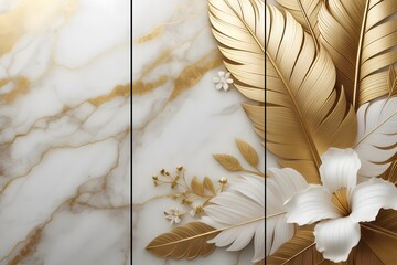 Home panel wall art three pieces, golden marble background with golden, white flowers and leaves and feather silhouette