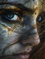 Artistic close-up of woman's eye with paint - A striking artistic image capturing a woman's eye, intricately textured with golden paint, emanating intense emotion and creative expression