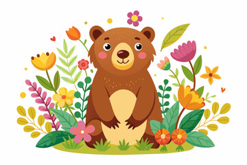 Obraz na płótnie Canvas Charming grizzly bear cartoon character holding a bouquet of flowers, looking cute and friendly.