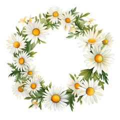 Watercolor floral wreath with chamomile flowers and leaves isolated on white background