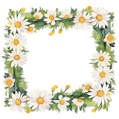 Floral frame with daisies and green leaves. Watercolor illustration.