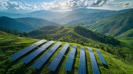 Solar panels lining hills under bright blue sky - An array of photovoltaic solar panels capturing sunlight on undulating hills, showcasing sustainable energy
