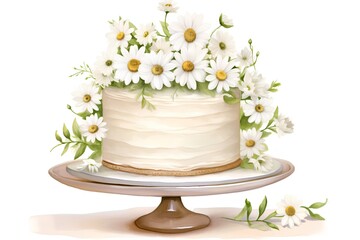 Cake with daisies on a stand. Vector illustration.