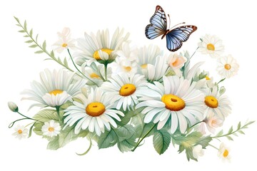 Chamomile bouquet with butterfly. Vector Illustration.
