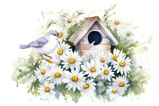 Beautiful vector image with nice watercolor birdhouse and chamomiles