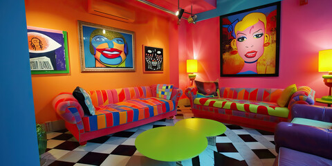 Pop Art Parlor: A Parlor with Pop Art-inspired Decor and 90s Pop Culture References, Symbolizing 90s Art Scene