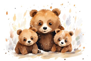 Cute cartoon bear family with cubs. Watercolor illustration.