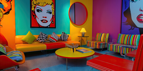 Pop Art Parlor: A Parlor with Pop Art-inspired Decor and 90s Pop Culture References, Symbolizing...