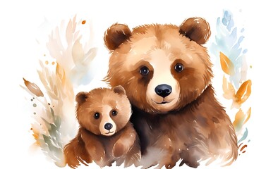 Obraz premium Watercolor illustration of a bear and a bear cub on a white background
