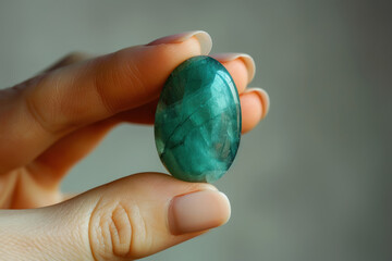 Hand holding green-blue gemstone natural jewelry, crystal mineral