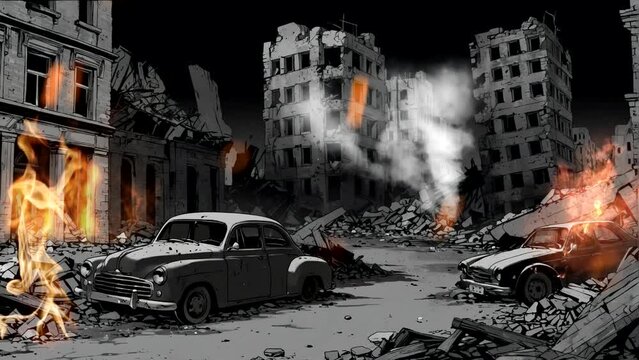 illustration of a destroyed and dark city
