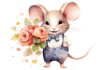 Cute watercolor illustration of a little mouse with a bouquet of flowers.