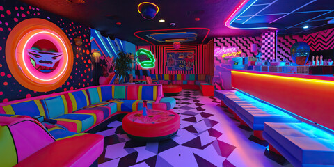 Neon Nights Disco Den: A Den with Neon Lighting and 80s Disco-inspired Decor, Emanating Retro Dance...