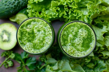 Obraz premium Green vegetable smoothie with vegetable background