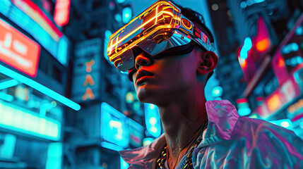 A guy with a futuristic visor and glow-in-the-dark accessories, immersed in a Y2K inspired cyberpunk city.