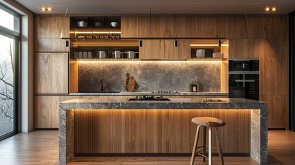 minimalits kitchen with wood cabinets, Modern scandinavian kitchen design , 3d rendering. ai generative